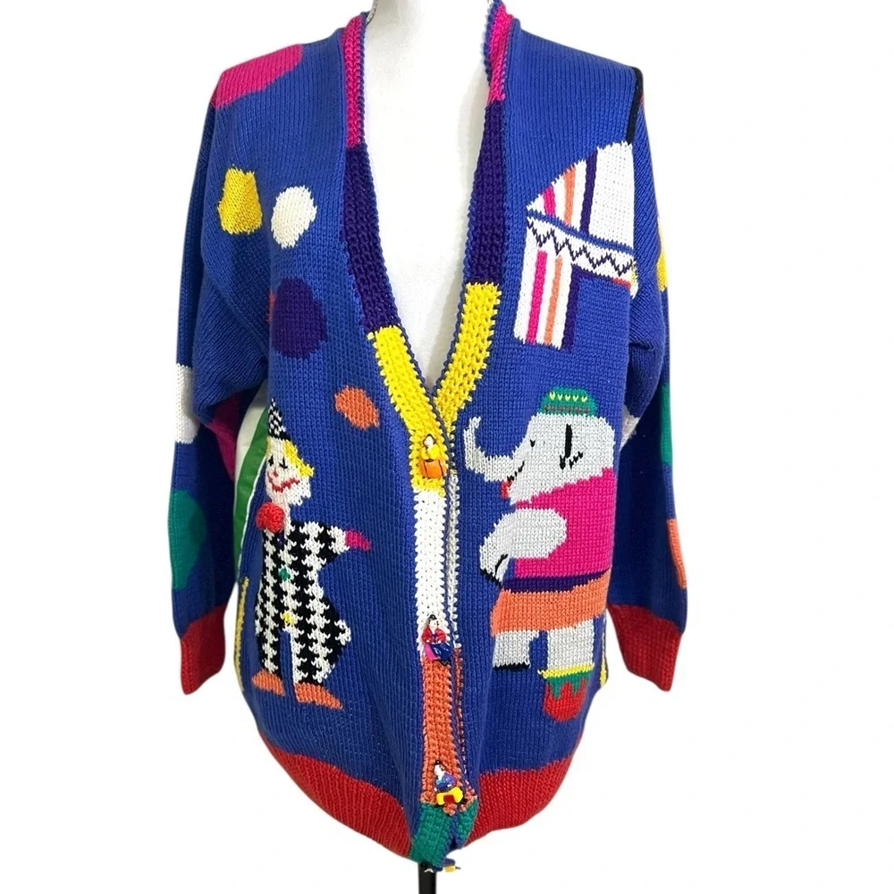 Vintage Circus Cardigan Cotton Tent Striped Clown Elephant Hand Knit Lined - Picture 3 of 14